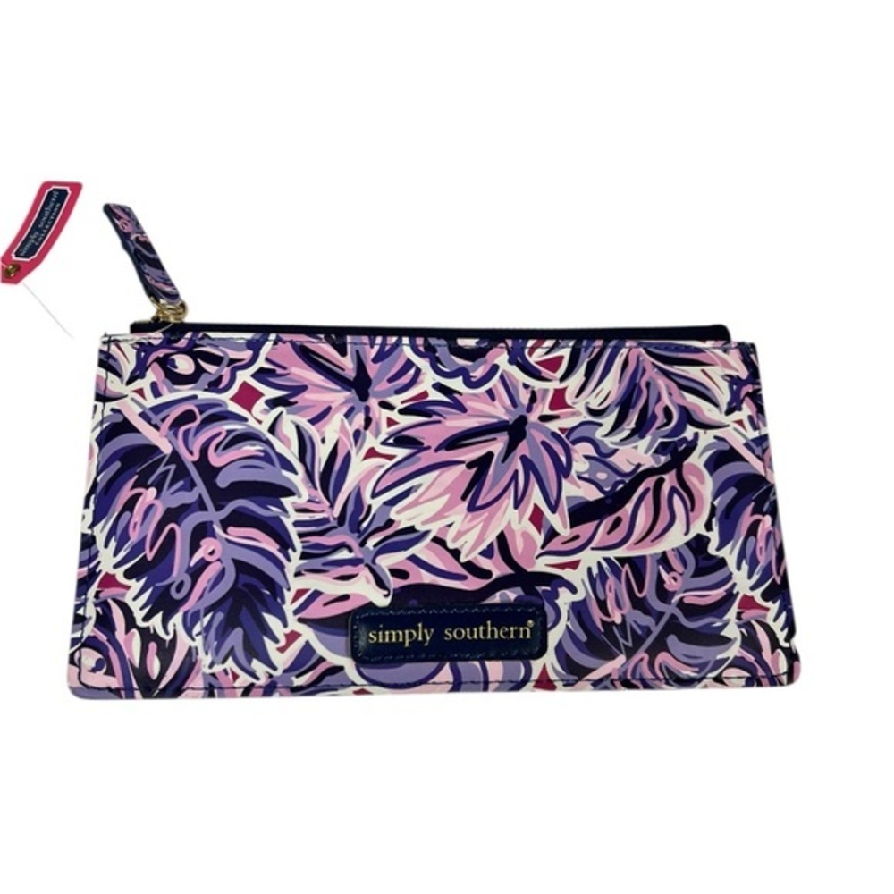 Simply Southern Pink and Purple Leather Zip Clutch Wallet Palm Leaf Design